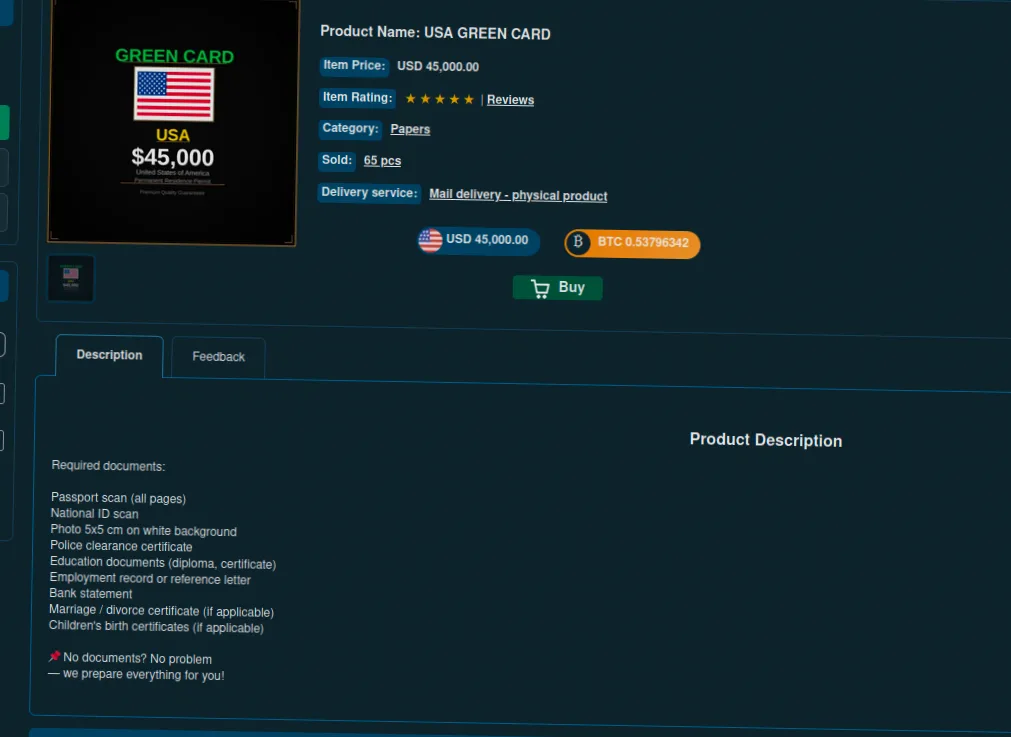 Advertisement for a US green card listed at $45,000