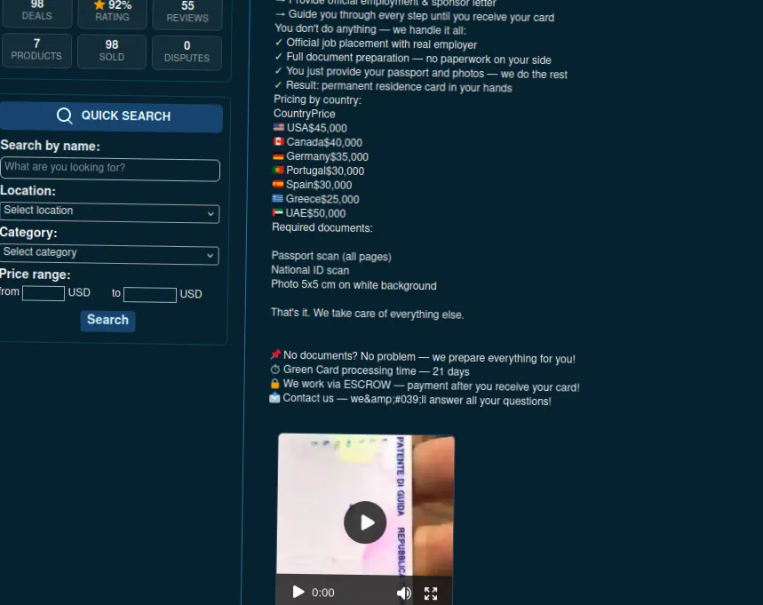 Website interface for visa and green card services with pricing details