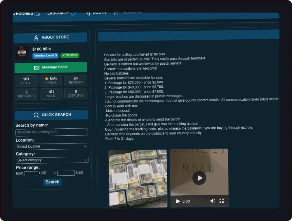 Darknet marketplace offering counterfeit $100 dollar bills for sale