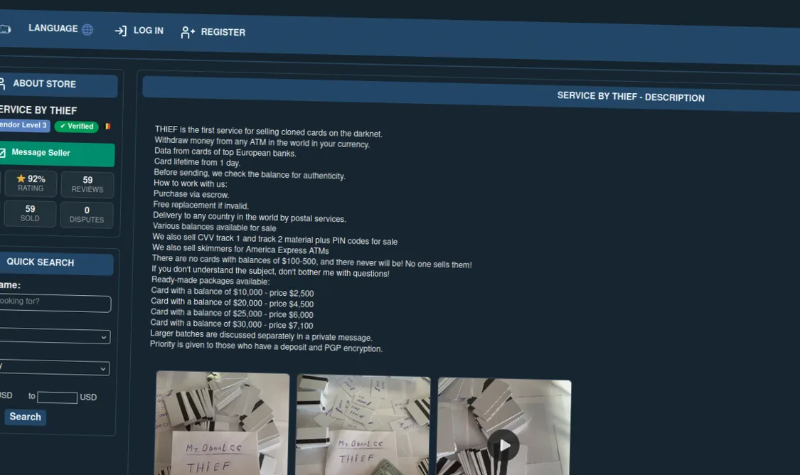 Darknet marketplace interface offering cloned card services